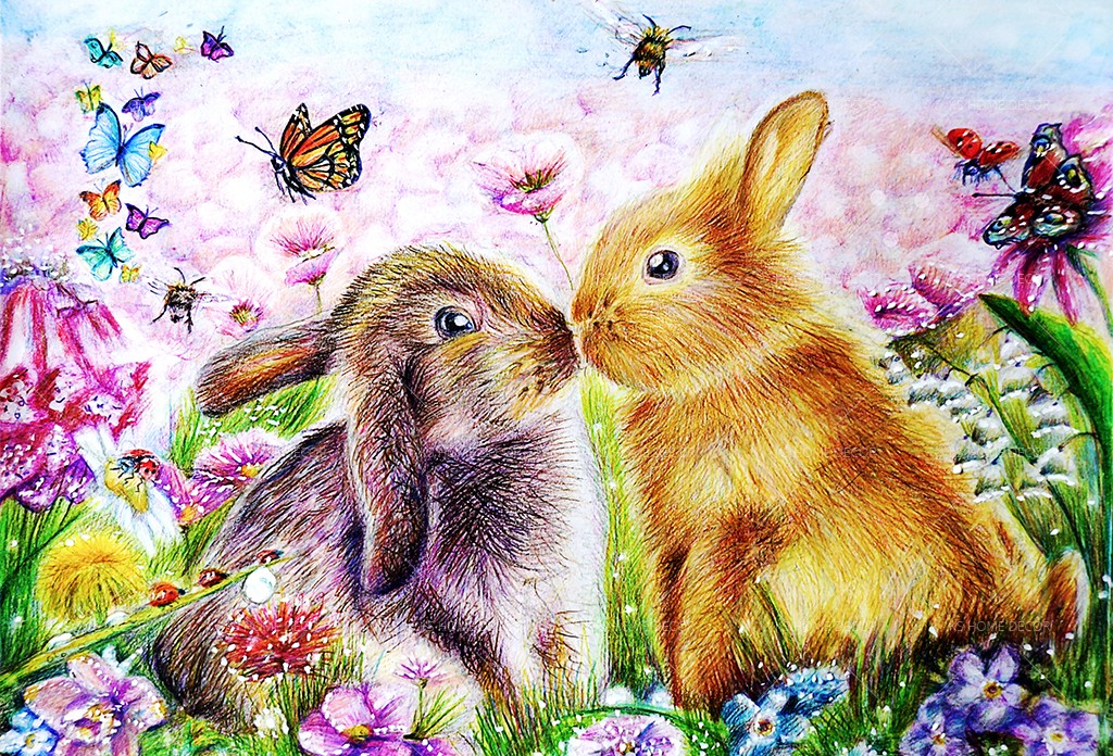 Rabbit Love Fairytale Colour Drawing Animal Wildlife Mural 16076627 - Best  Quality Customize Wallpaper Wallpaper Printing